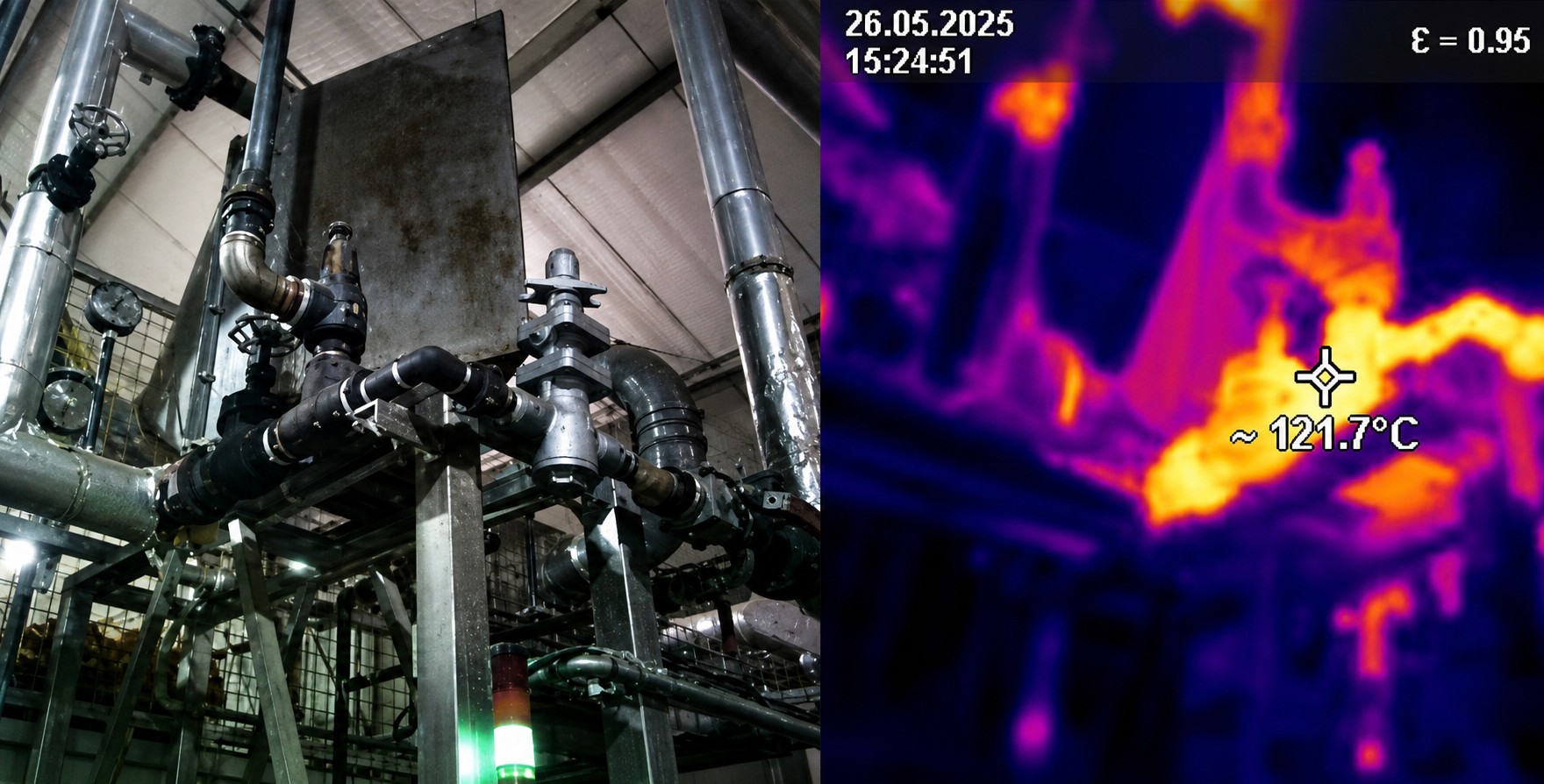 Side-by-side photo and thermal image of an uninsulated pipe manifold showing 121°C heat loss